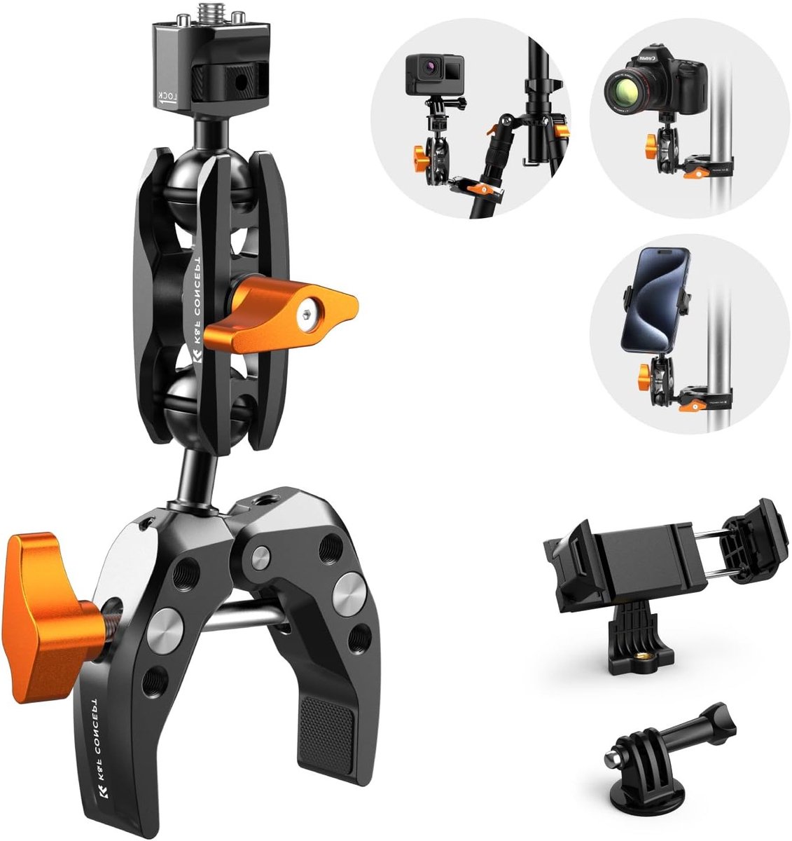 Magic Arm met Super Clamp en 360° balarm voor Camera, Smartphone en Action Camera - Inclusief mini mobiele telefoonclip en adapter Accessoire voor DSLR en Stabilizer