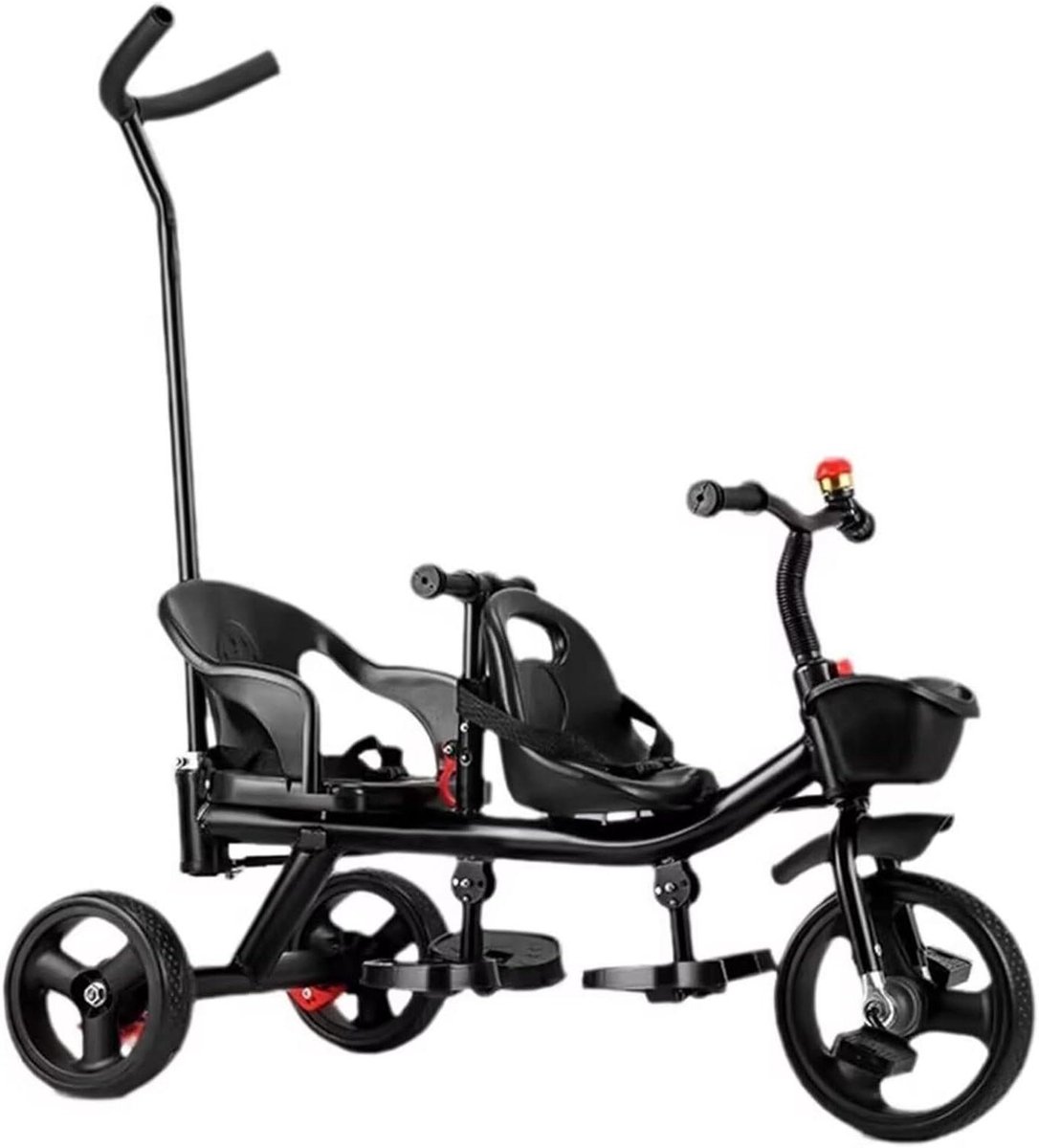 Kinderdriewieler Tandem - Dubbele Kinderwagen - Peuter Leren Fietsen - Ouderlijke Duwstang Bediening - Max. 60 kg - Zwart