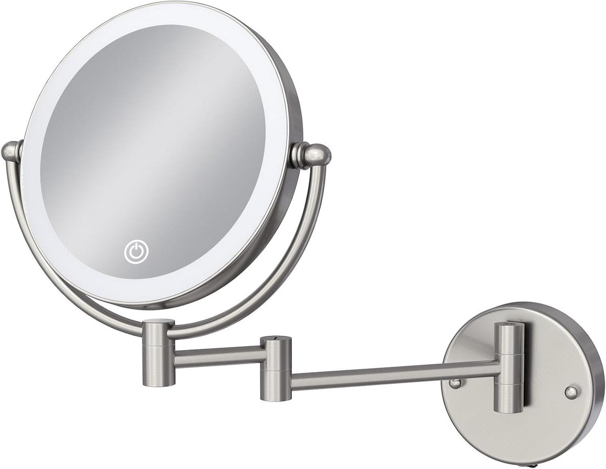 Verlichte Make-up Spiegel - Wandspiegel Vergrotend - Nauwkeurig Opkleden - Dubbelzijdig 1x/10x Vergroting - 8 Inch Diameter - Geborsteld Nikkel