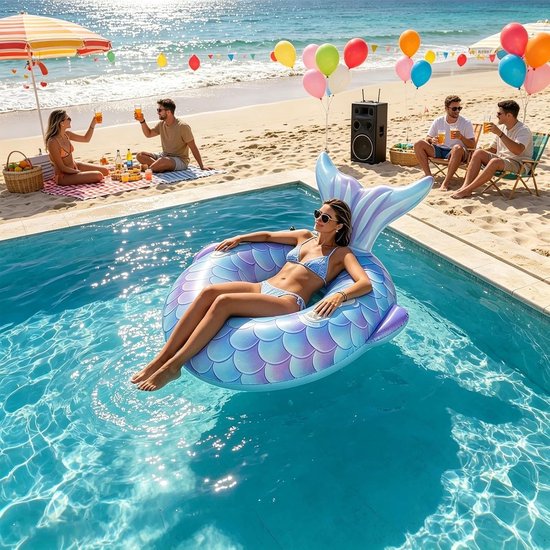 Opblaasbare Zwemstoel - Drijvende Stoel Zeemeermin - Water Loungen Ontspannen - Met Bekerhouder Rugleuning - 110x110x30cm - Meerkleurig — afbeelding 3