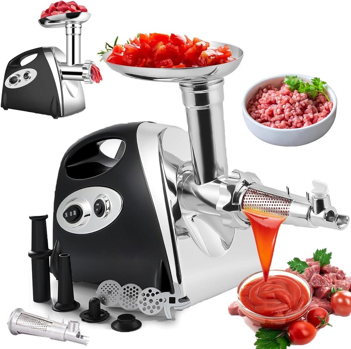 Elektrische Vleesmolen - Worstenvuller Sapcentrifuge - Thuis Keuken - 2-in-1 Functionaliteit - 1 kg/min - Zwart