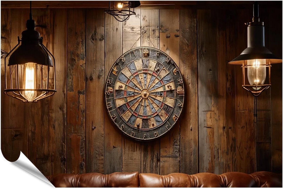 Poster Rustiek Dartbord - Wanddecoratie Print - Ruimte Aankleden - Vintage Verlichting - 130x90 cm - Bruin