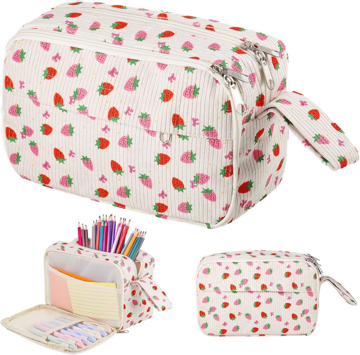 Aardbeien etui - Schattig etui - School en kantoor - Drie compartimenten - 235 cm lang - Roze beige