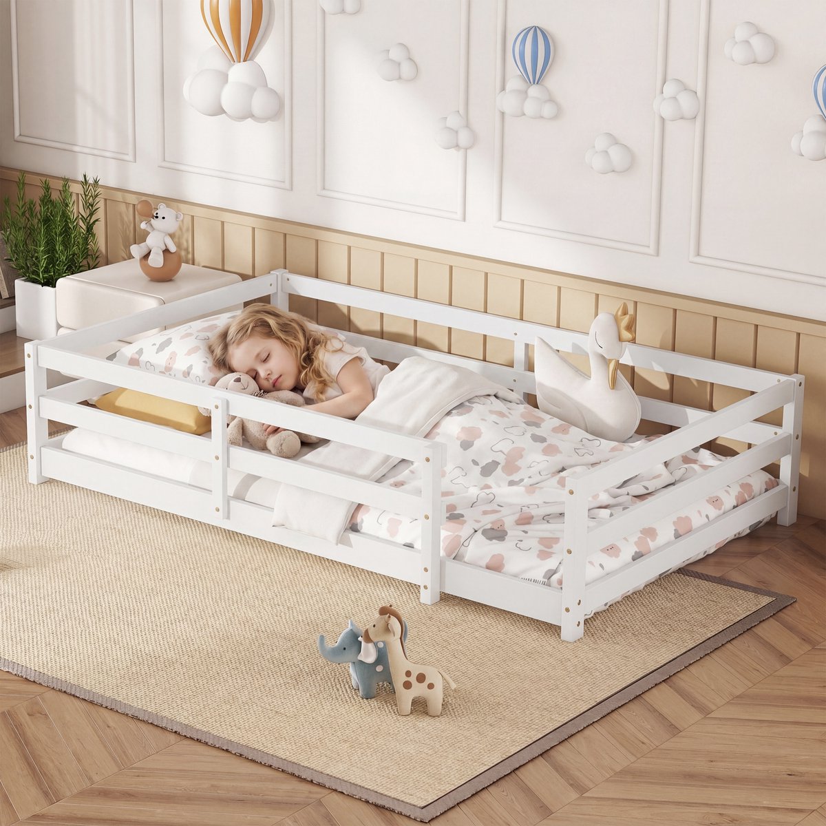 Kinderbed - 140x200 cm - Montessori Bodenbed Met 4-Zijdig Gitter - Zonder Lattenrost - Hout - Wit