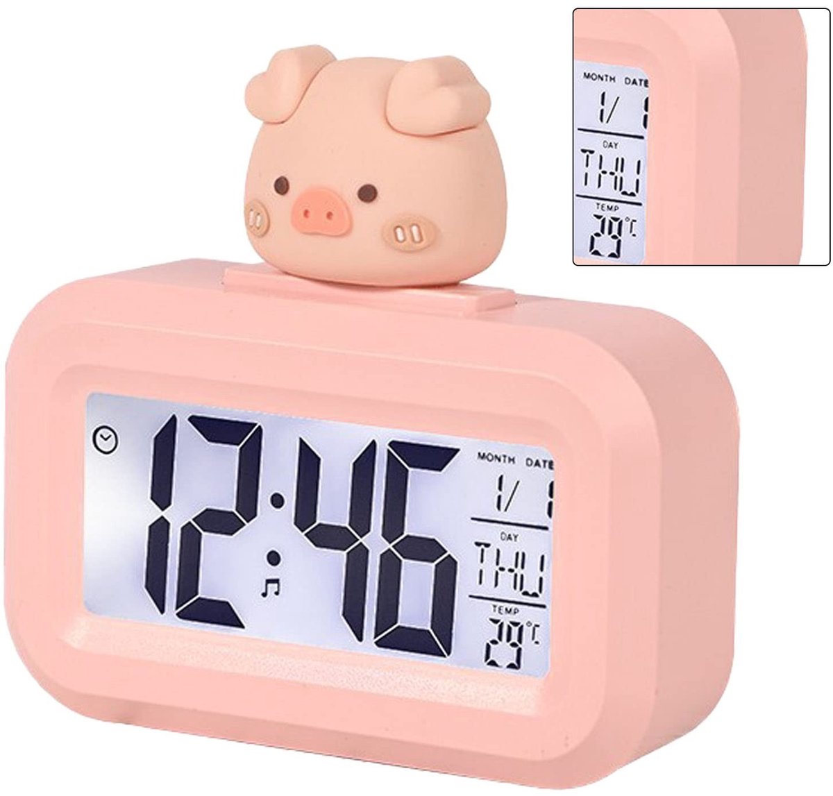 Dailygoody - Elektronische Klok - Cartoon Wekker - Schattig Ontwerp - Roze Varkentje - Digitale Klok - Perfect voor Kinderkamer - Compact Formaat
