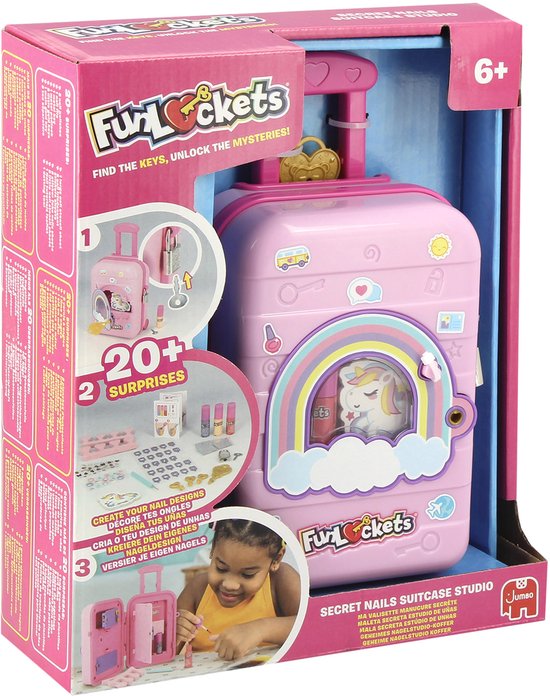 Valise rose à roulettes, arc-en-ciel et licorne, emballée dans une boîte avec logo 'FunLockets' et photo d'enfant.