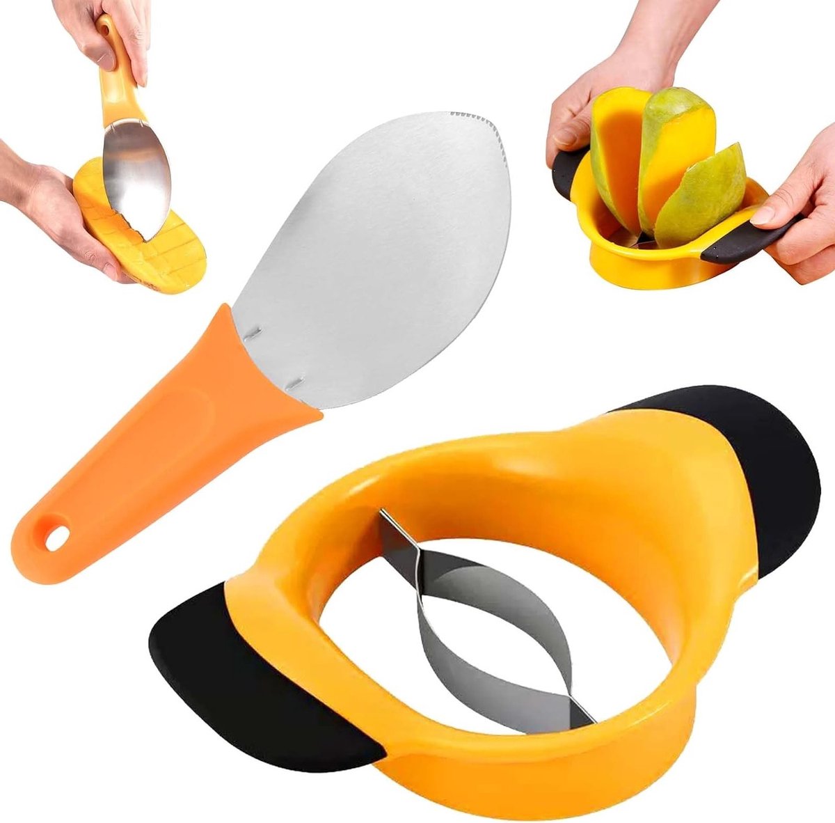Mango Snijder met Roestvrijstalen Mes en Fruithouder, Ideaal voor het Snijden en Ontpitten van Mango's, Keukenaccessoire met Antislip Handvat, 19.8 x 13.2 x 5 cm, Zwart-Geel