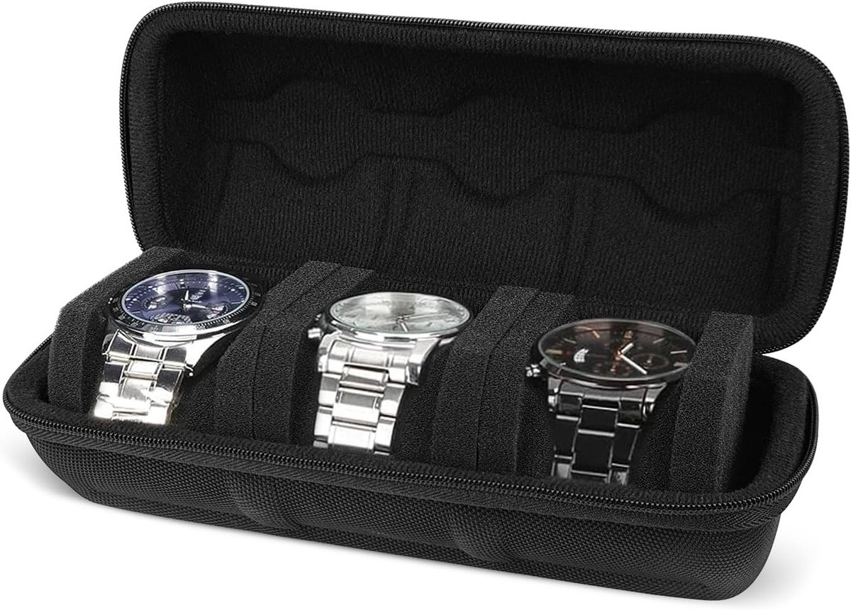 Duurzame horlogeband met 3 vakken, EVA horlogehouder, opbergdoos voor mannen en vrouwen, horlogeopslag met verwijderbare spons, sieradenbox voor horloges (Zwart)
