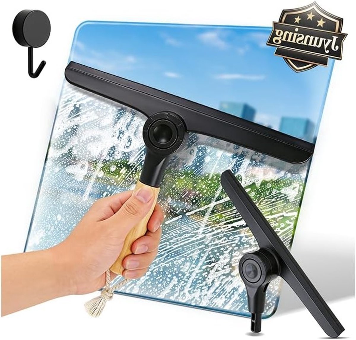Zwarte Stofzuiger voor de Badkamer, 24 cm Silicone Douche Stofzuiger met Vervangbare Kop en Afneembaar Houten Handvat voor Raam en Spiegel
