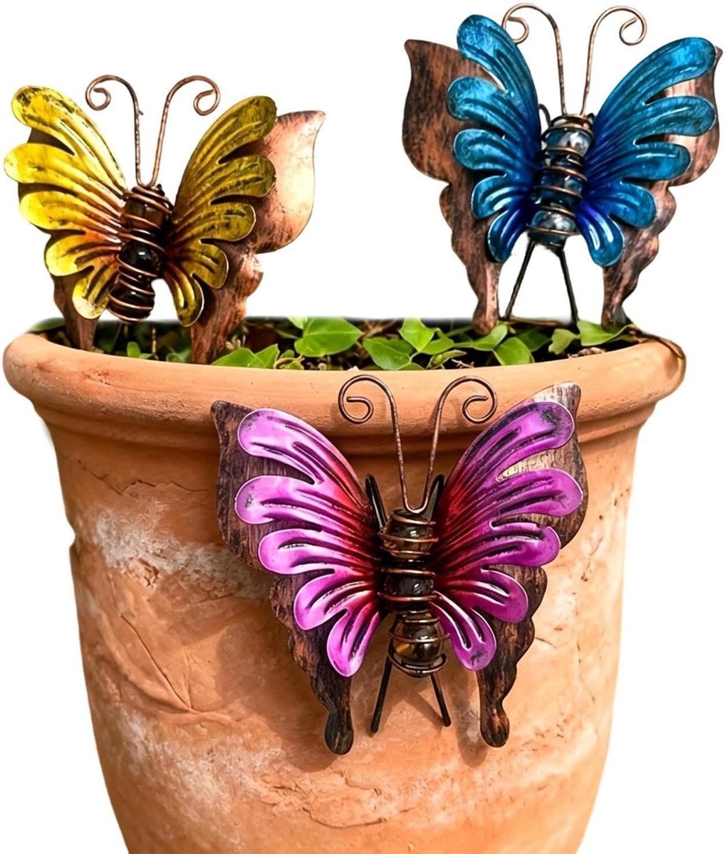 Metalen Vlinders Decoratie - Tuinhek Versieringen - Buiten Aankleden - Weerbestendig Ijzer - 3 Stuks - Multicolor