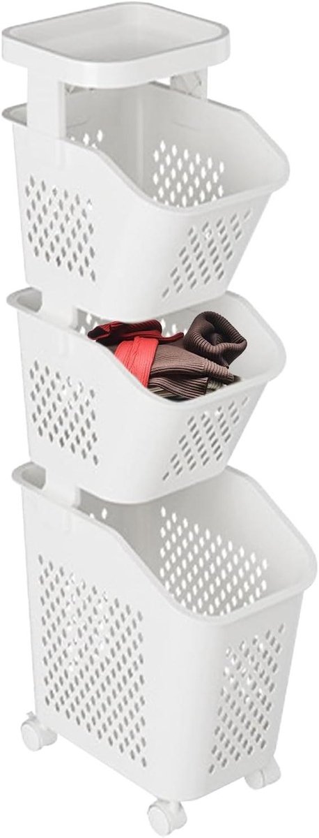 Rollende wasmand - Kledingwagen - Was sorteren - Meerlaags ontwerp - 132 cm hoog - Wit