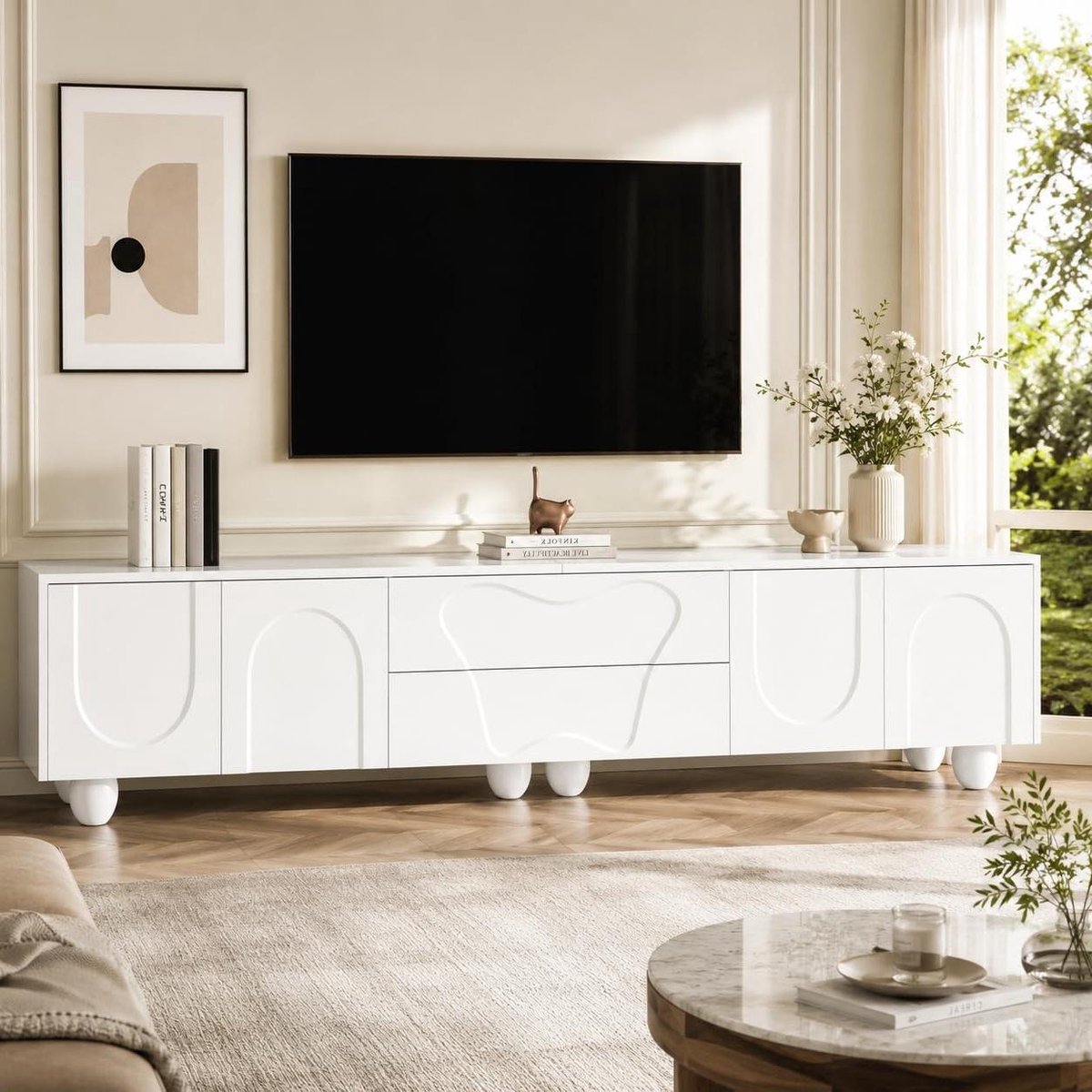 Tv-kast - Lowboard - Woonkamer Inrichten - Geometrisch Patroon - 180 cm Breed - Wit