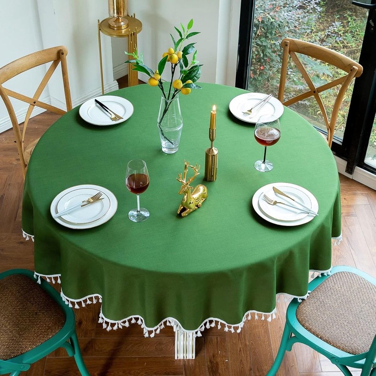 Ronde tafelkleden - Afwasbaar polyester - Tafelbescherming - Met franjes - 180 cm - Groen