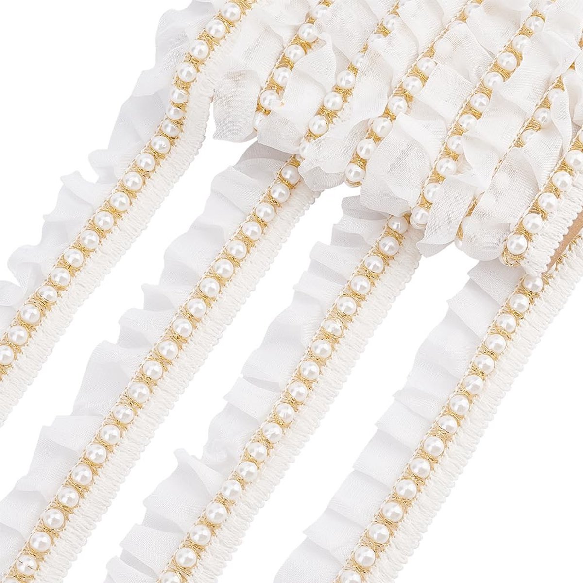 Dailygoody - Parel Kralen Ruffle Lace Trim - Decoratief Kant Lint - Wit - Bruiloft Decoratie - Tutu Rokken - Geschikt voor Versiering