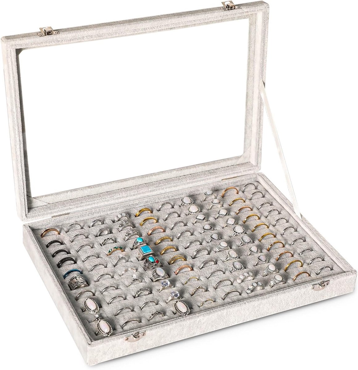Ringhouder met 100 Ring Slots en Transparant Deksel, Velours Opbergdoos voor Sieraden en Ringen (Grijs)