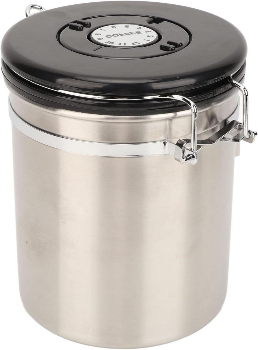 Koffiecontainer Roestvrij Staal - Koffieblik Vershouder - Koffiebonen Bewaren - Met Datumweergave - 1.8 Liter - Zilver