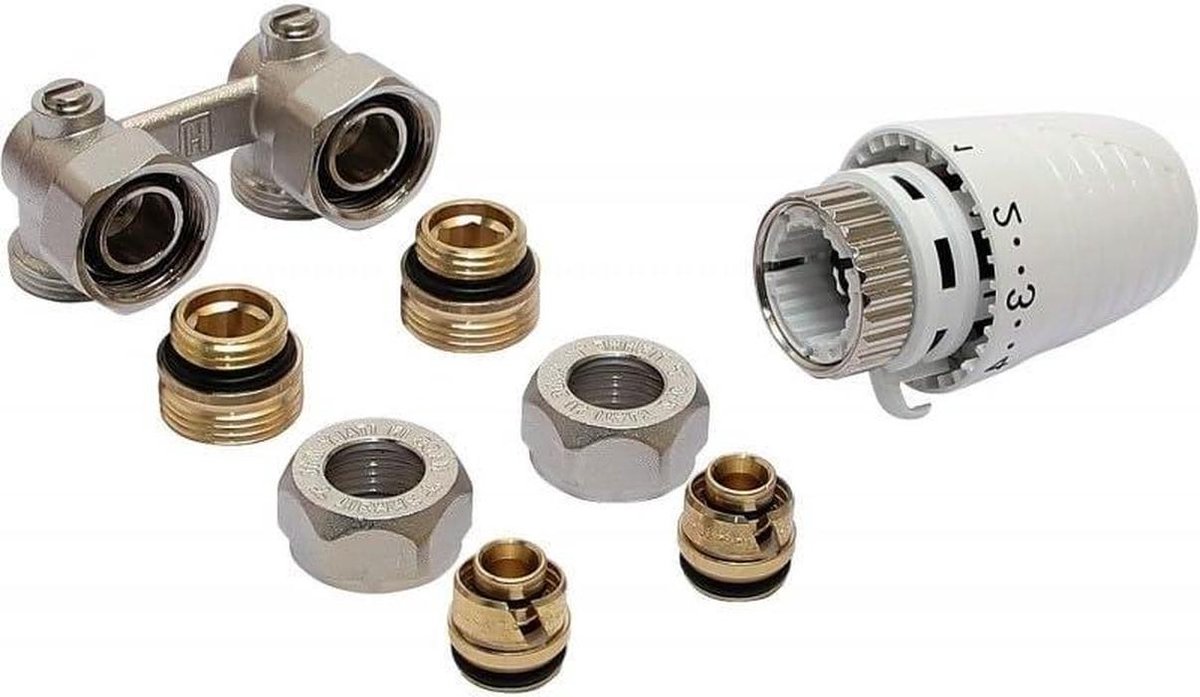 Thermostatische kraanset - Radiatorkraan set - Verwarming regelen - Universele montage - 1/2 - 3/4 inch - Wit