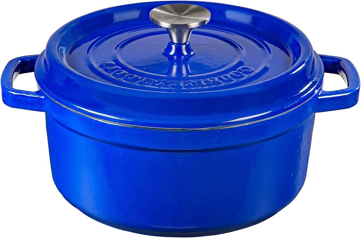 Gietijzeren pan rond - Cocotte met deksel - Traditioneel koken - Geglazuurde keramische coating - 22 cm - Blauw