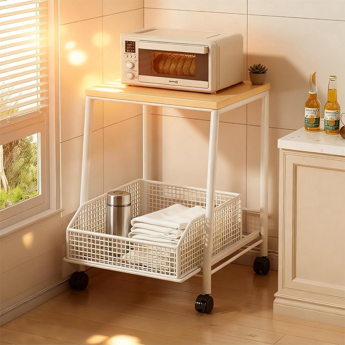 Magnetronstandaard Keuken - Keukenrek Aanrecht - Keuken Organiseren - Dubbellaags Met Houten Blad - 40 x 35 cm - Wit