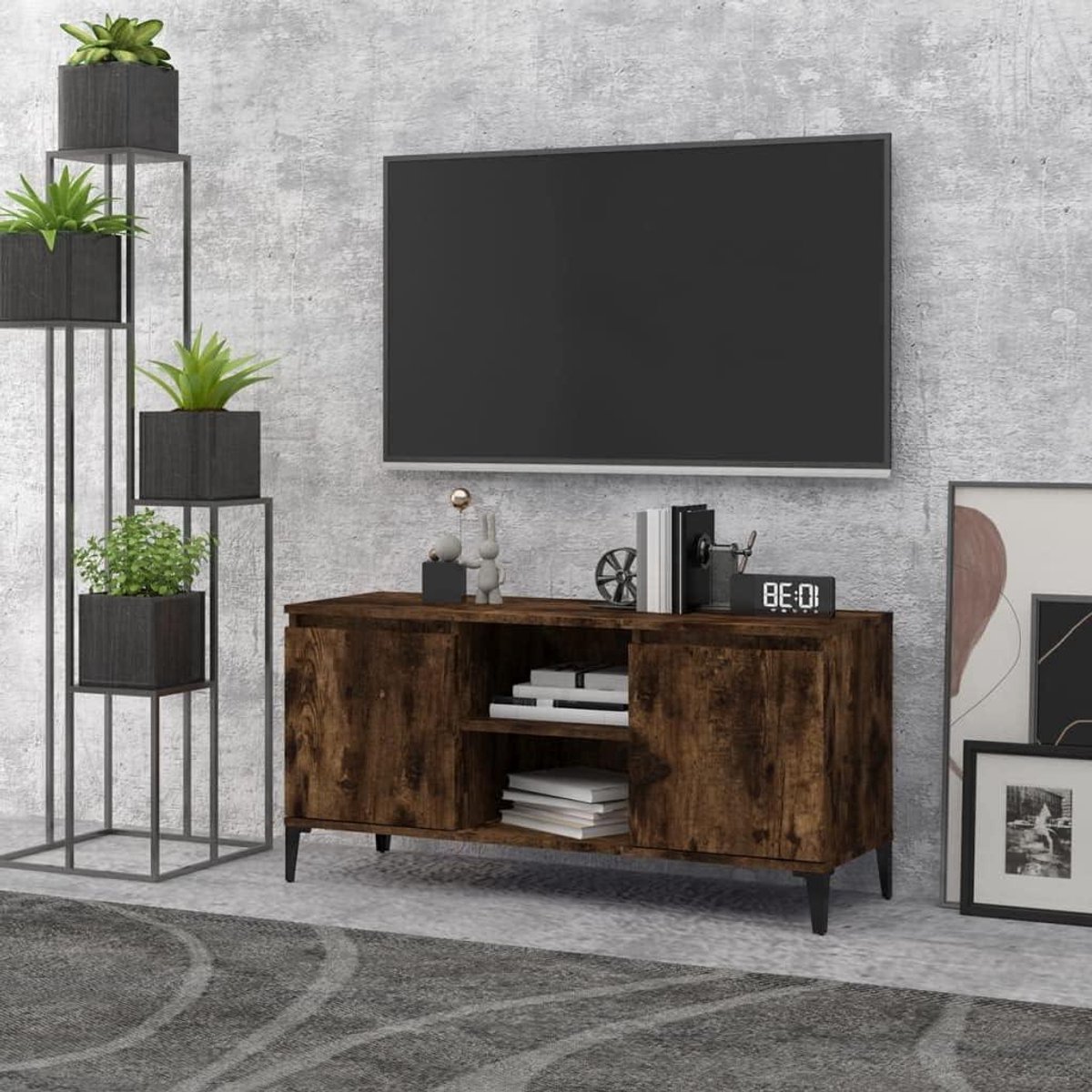 Tv-kast - Tv-meubel dressoir - Opbergen media - Metalen poten - 1035 x 35 x 50 cm - Rookeiken