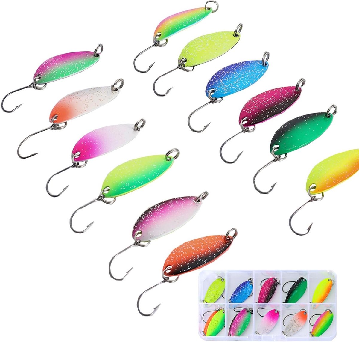 Set van 12 Trout Spoons met Box - 2.8g Vangkrachtige Lepels, Flitslicht, Enkele Haken, Perfect voor Forelvissen, Aas en Lures