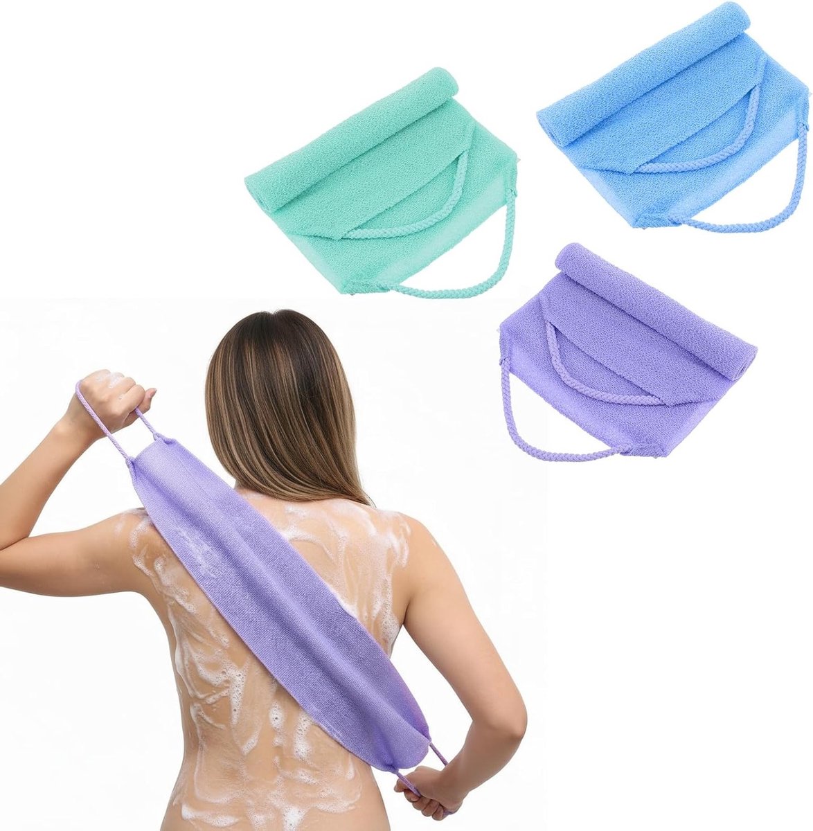 3-delige rugscrubberset met handvatten, dubbelzijdig scrubdoekje en elastisch rugdoekje vo