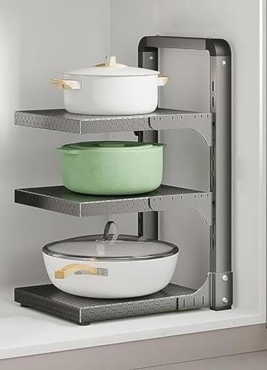 Potten en Pan Organizer - Keukenrek - Keuken Opruimen - Verstelbaar 4-laags - Compact - Grijs