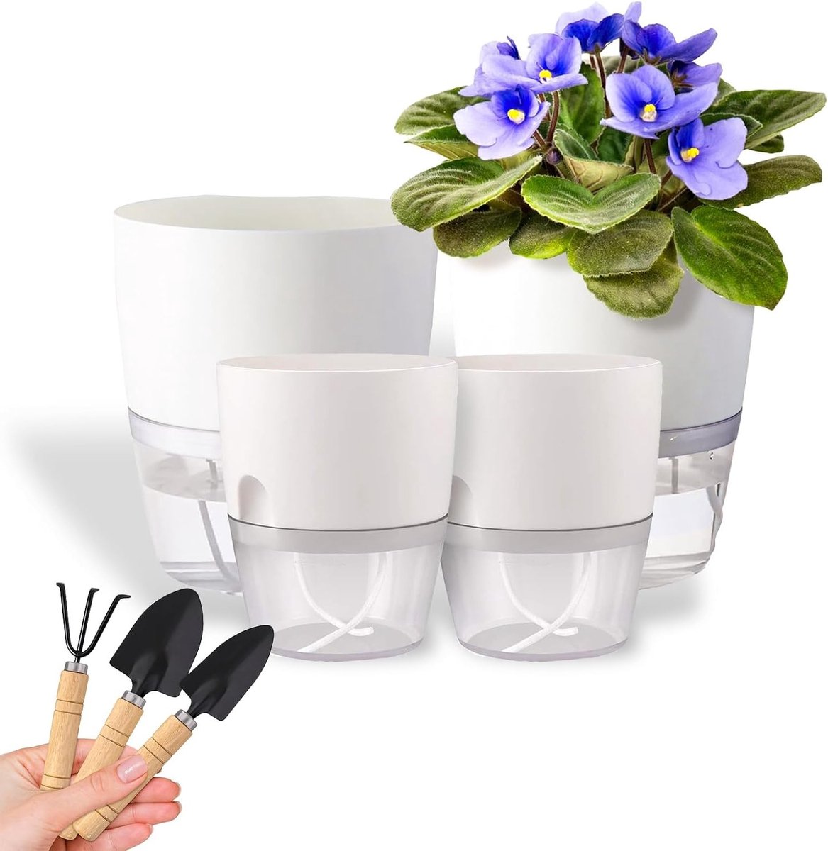 Automatische Watergeefset voor Kruidenpotten - Set van 4 Grote Buitenplanten met Irrigatiesysteem (13,7 cm Hoog, 2 Stuks + 11,2 cm Hoog, 2 Stuks) - Ideaal voor Tuinieren en Plantenverzorging