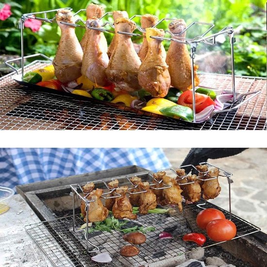 Roestvrijstalen kippenpootrek - bbq accesoires - Opvouwbaar braadrek met 14 sleuven - BBQ-grillstandaard met lekbak - Vleesbraadhouder - BBQ-accessoire voor buiten van Merkloos — afbeelding 4