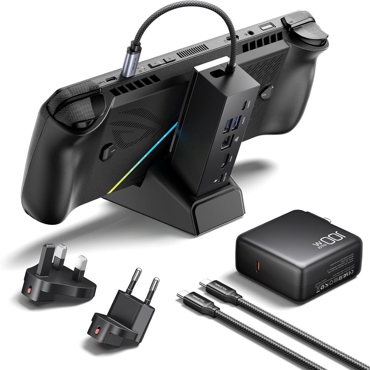 6-in-1 Docking Station met 100W Oplader voor ROG Ally X, Steam Deck en Legion Go - HDMI 4K@120Hz, Gigabit Ethernet, Dual USB A & C, Perfect voor Gaming en Multitasking