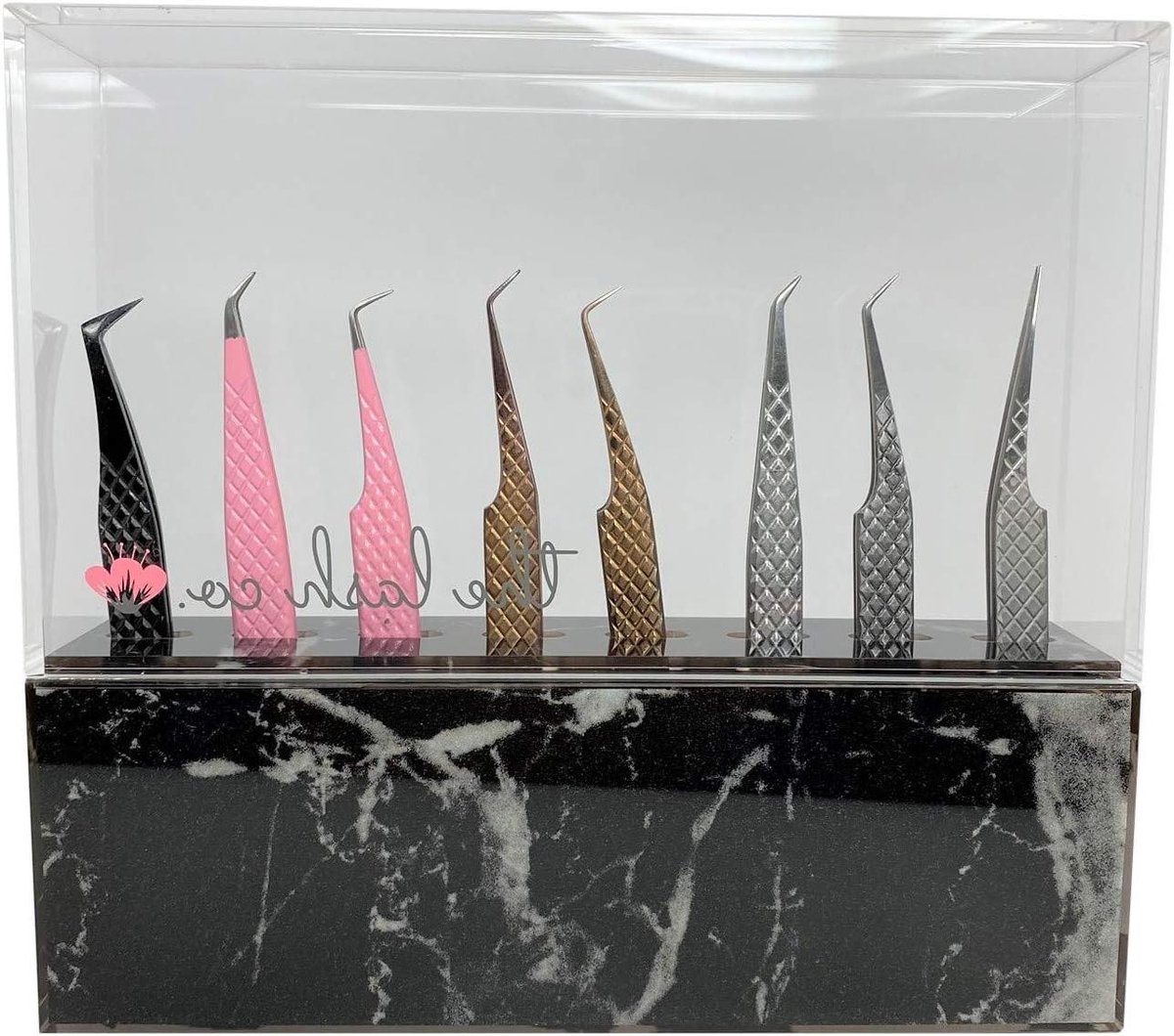Tweezer Stand - Pincet Houder - Netjes Organiseren - Met Stofkap - 16x18 cm - Zwart Marmer