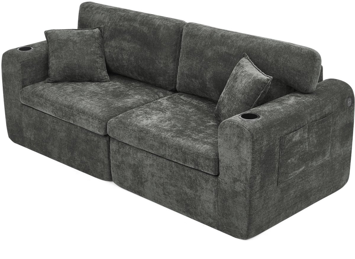 Merax 2-Zits Relaxbank - Zwarte Chenille Bank - Compacte Sofa met Bekerhouders - USB-Laadfunctie - Zijvakken en Kussens - Bank voor Woonkamer - Werkkamer - Gastenruimte