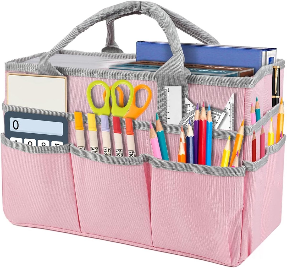 Grote Kunstopslag Caddy met Externe Vakken, Handige Organizer voor Knutselen, Breien en Scrapbooking, Ideaal voor Onderwijs en Reizen, Roze