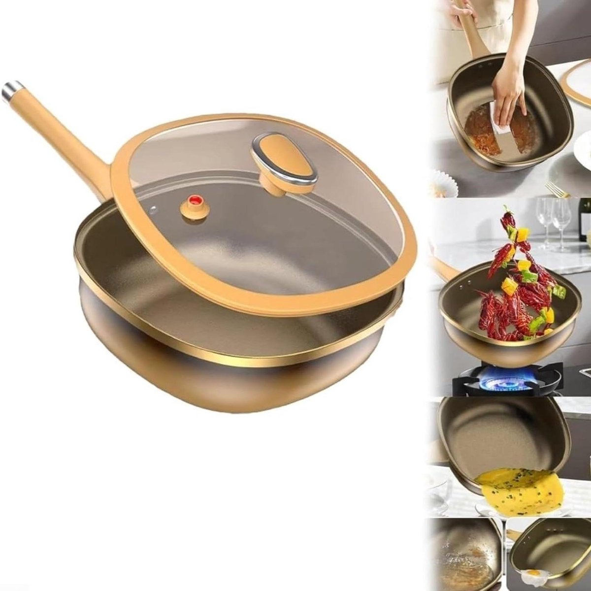 Diepe Sauteerpan - Koekenpan met deksel - Meervoudig Koken - Inclusief Stoommand - 32 x 32 x 14 cm - Geel