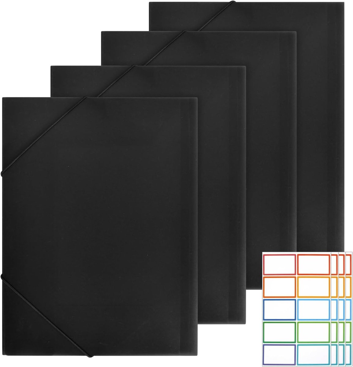 Set van 4 Elastische Mappen voor A4 Documenten, Plastic Mappen met Elastiek voor School, Kantoor en Thuisgebruik (Zwart)