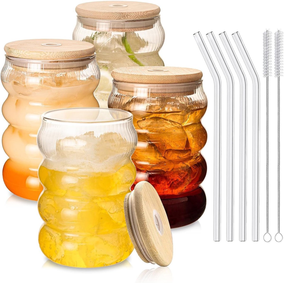 Glazen Drinkglazen Set met Rietjes en Bamboe Deksel - 4-delige Glazen Beker Set - Hittebestendig Borosilicaatglas - 350ML - Voor Koffie, Melk, IJsdrank en Sap