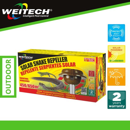De verpakking van de Weitech Solar Snake Repeller. Toont de verjager, een slang en een hagedis. Tekst "SOLAR SNAKE REPELLER".