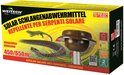 De verpakking van de Weitech Solar Snake Repeller. Toont een slang, een hagedis en de verjager. Tekst "SOLAR SCHLANGENABWEHRMITTEL", "REPELLENTE PER SERPENTI SOLARE".
