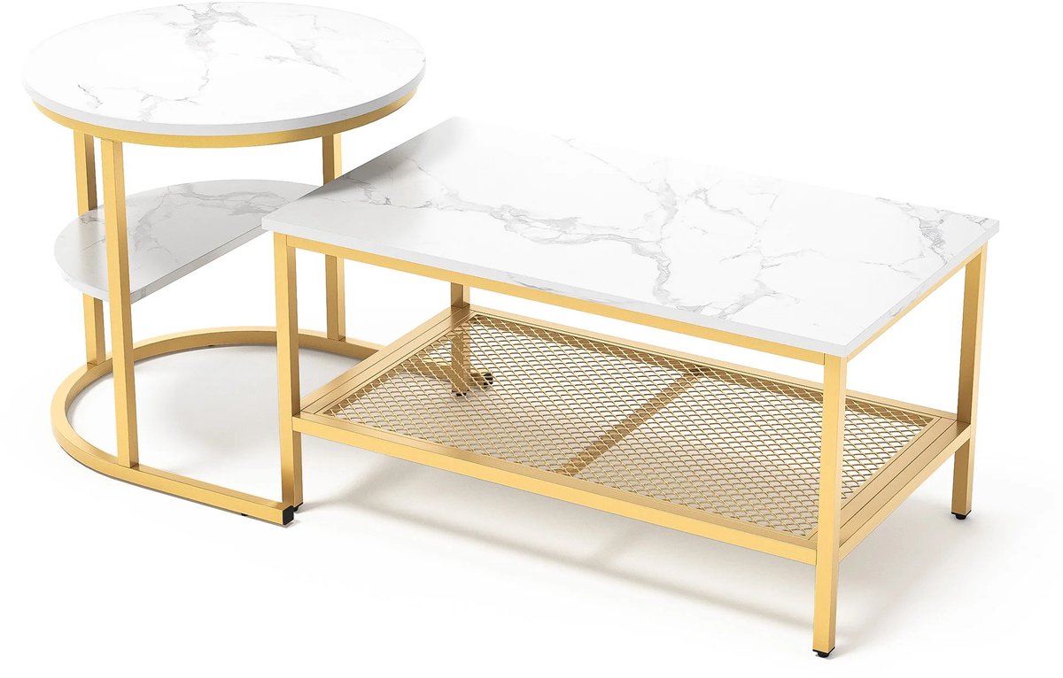 Archi Set van 2 Salontafels – Bijzettafel - Luxe Marmerlook Tafelblad – Gouden Metalen Frame – Nestbare Bijzettafels – Wit/Goud