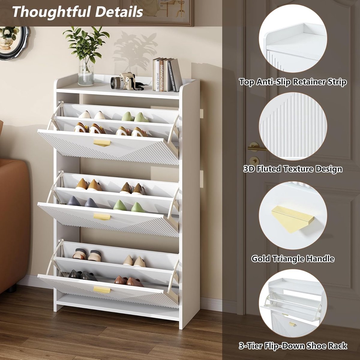 Schoenenkast met Klapdeuren 2-delig Set – House&Garden MDF Schoenenkast Smal 70x30x120 cm per stuk – 6 Klapvakken, Modern Witte Schoenenopberger met Metaalframe – Hal & Woonkamer Opbergkast (12 paar per kast)
