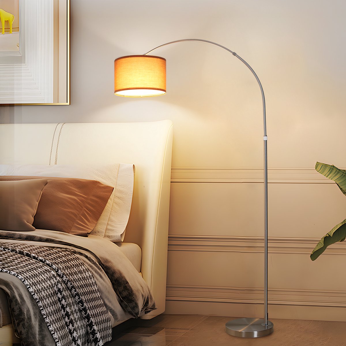 ANTENLICHT Vloerlamp - Woonkamerlamp Met Stoffen Bruin Kap - Industriële staande lamp - staanlamp - Met E27 fitting - h: 165 -180 cm - Chroom