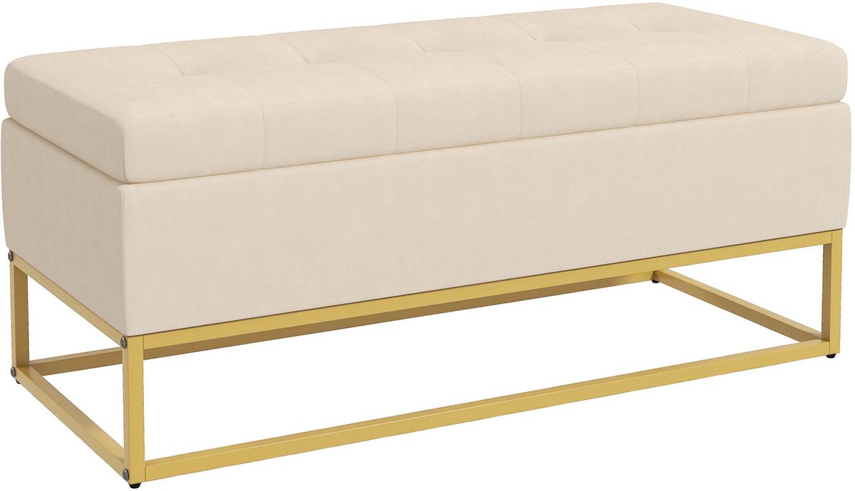Gestoffeerde bank Opbergbank Bedbank 110x44x49cm Beige Zacht huidvriendelijk materiaal Dik en comfortabel gevuld Duurzame stalen poten Knopen-getufte design Verborgen grote opbergruimte Geschikt voor hal, woonkamer en slaapkamer