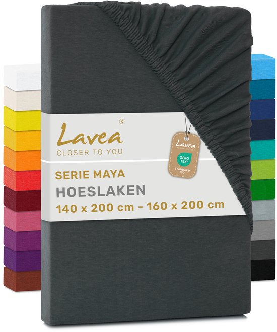 Lavea Hoeslaken Serie Maya 140x200 cm - 160x200 cm in antraciet. Stapel hoeslakens in diverse kleuren.