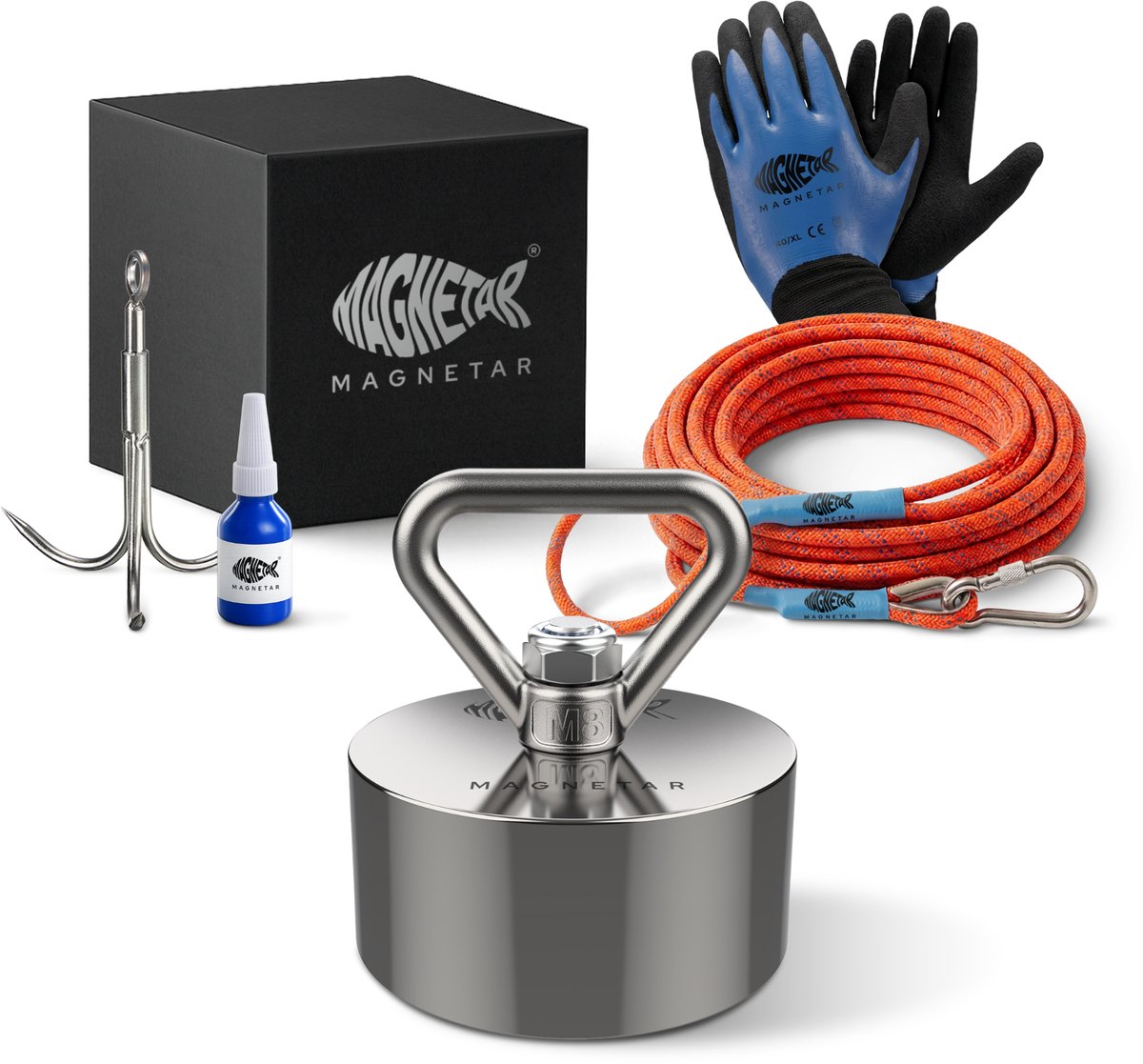Magnetar Hardcore Pakket - Vismagneet - Allround 360° 600kg Magneet - Touw, Handschoenen en Dreghaak - Magneetvissen