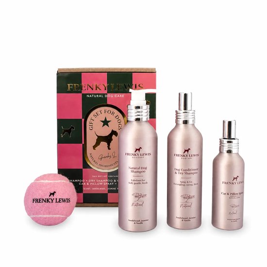 Frenky Lewis hondenverzorgingsset met shampoo, conditioner, spray en speeltje. Roze en groen.