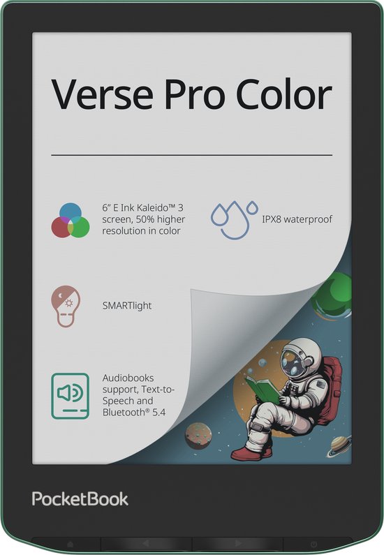 Scherm van de PocketBook Verse Pro Color met specificaties: 6" E Ink Kaleido 3 kleurenscherm, IPX8 waterdicht, SMARTlight, audioboeken ondersteuning.