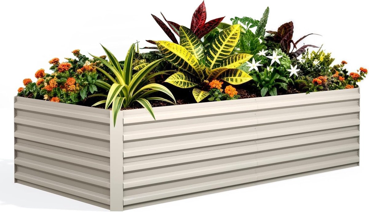 XXL Gegalvaniseerde Stalen Verhoogde Kweekbak – 240 x 120 x 60 cm – Moestuinbak met Open Bodem – Comfortabele Werkhoogte – Inclusief Tuinhandschoenen & Gereedschap – Beige