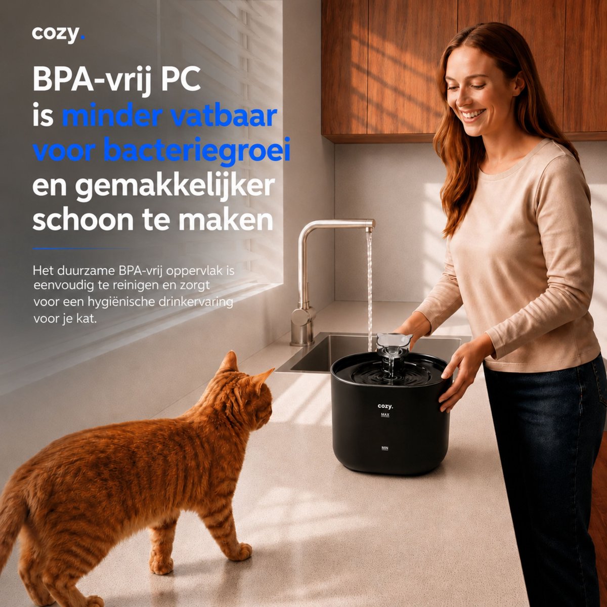 cozy.® Drinkfontein Kat Pro Plus 2026 - Waterfontein Kat 2.2L - Kattenfontein - Waterbak Kat - Waterdispenser Kat - Muisstil & Automatisch - Compact & Inclusief Filter - Zwart - Anti knoei Drinkbak thumbnail 4