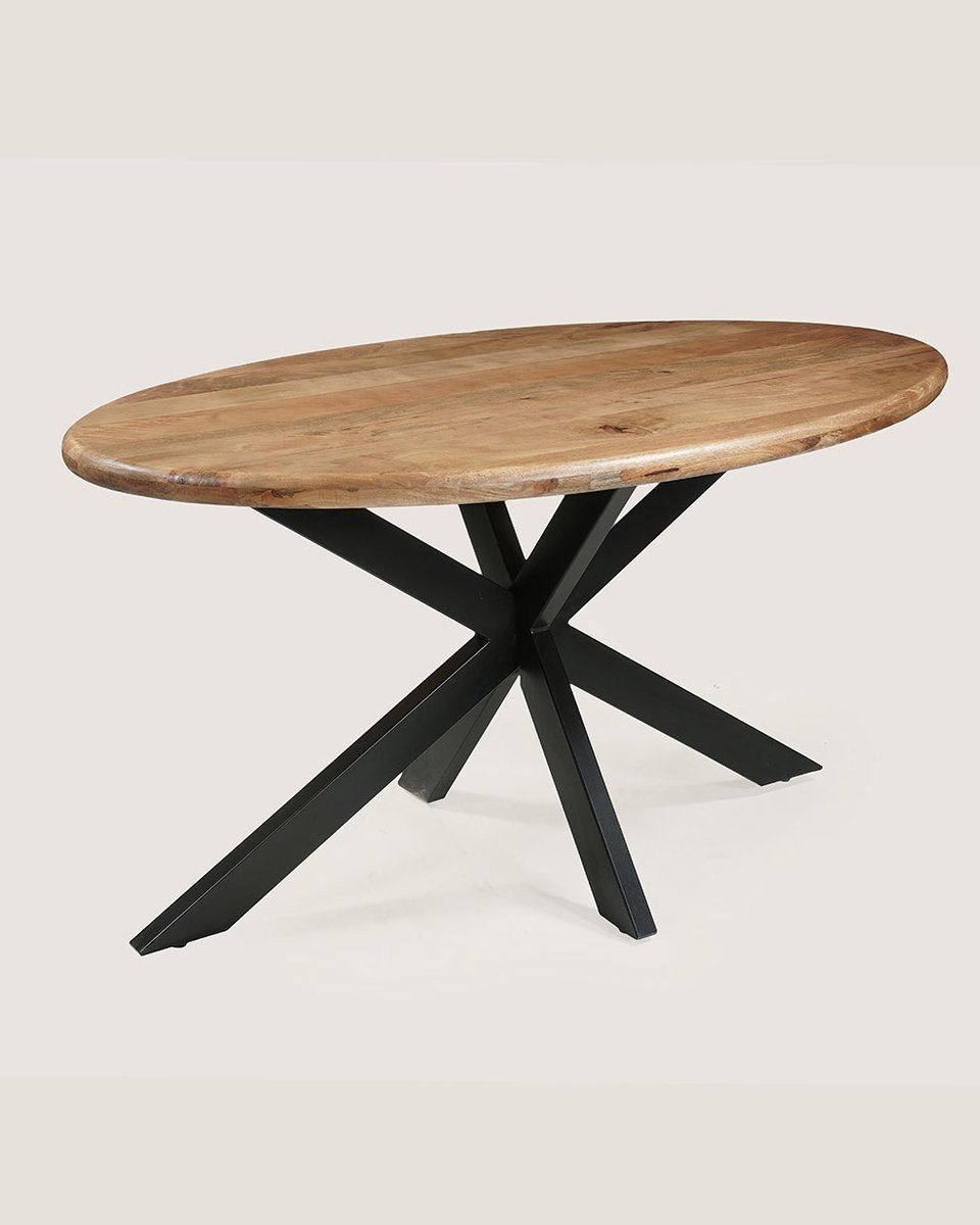 Ovale Eettafel 160 cm Mangohout – Bruin – Zwart Metalen Matrix Onderstel – Landelijk – 3-4
