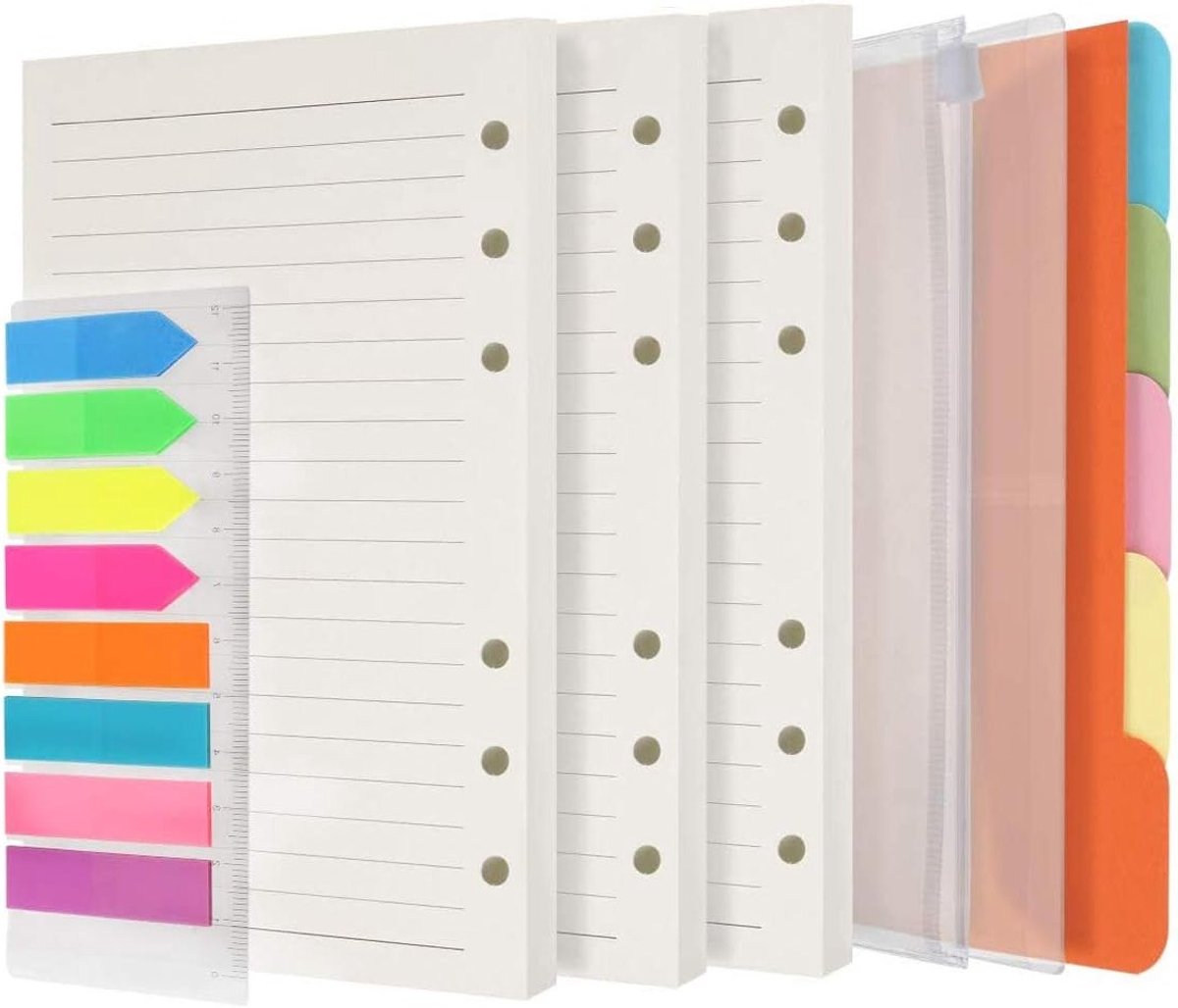 Refill packs A6 papier met 270 gelinieerde pagina's, 5 gekleurde tabs, 160 neon zelfklevende vlaggen, 2 ritszakken en een liniaal voor kantoorbenodigdheden